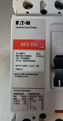 Eaton HFD4020L 20A Circuit Breaker HFD 65K 600V 4 Poles 4F (BIN 4.5.4)