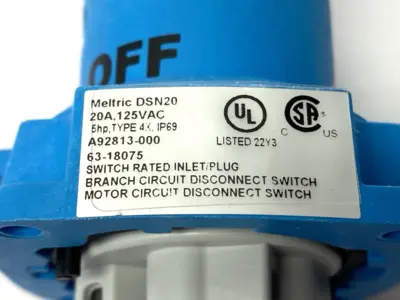 USED MELTRIC MALE INLET PLUG DSN20 1P+N+G TYPE 4X & IP69 .75HP 125VAC 20A