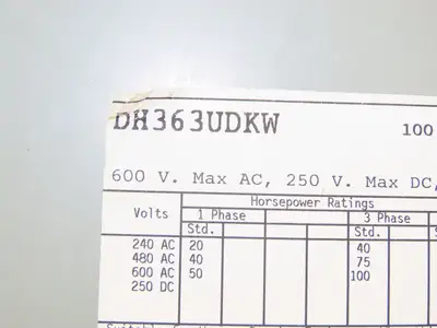 Cutler Hammer Eaton DH363UDKW Safety Disconnect Switch 100A 600V 3Ph Non Fused