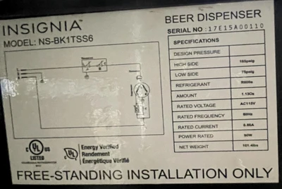 72-0426 Insignia NS-BK1TSS6 Self Conatined Beer Dispenser Cooler