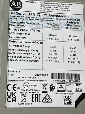 Used 2022 ALLENBRADLEY 20F11N D 077 AA0NNNN Variable Speed Drives Ohio US | HGR 24 #1545364