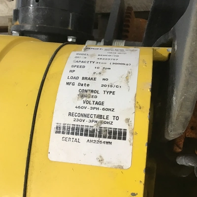 BUDGIT BEHCO310 Chain Hoist 3 Ton Capacity 2.5HP 50/60Hz 3PH 10fpm Speed w/Motor