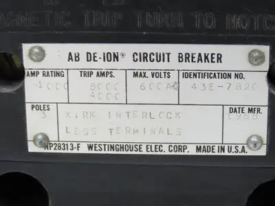 Westinghouse AB De-Ion Circuit Breaker 1000A 3-Pole Shunt 600VAC Mag Trip