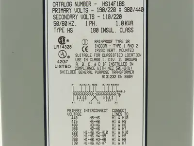 EGS Hevi-Duty HS14F1BS Transformer 1KVA HV: 190/220V x 380/440V LV: 110/220V 1PH