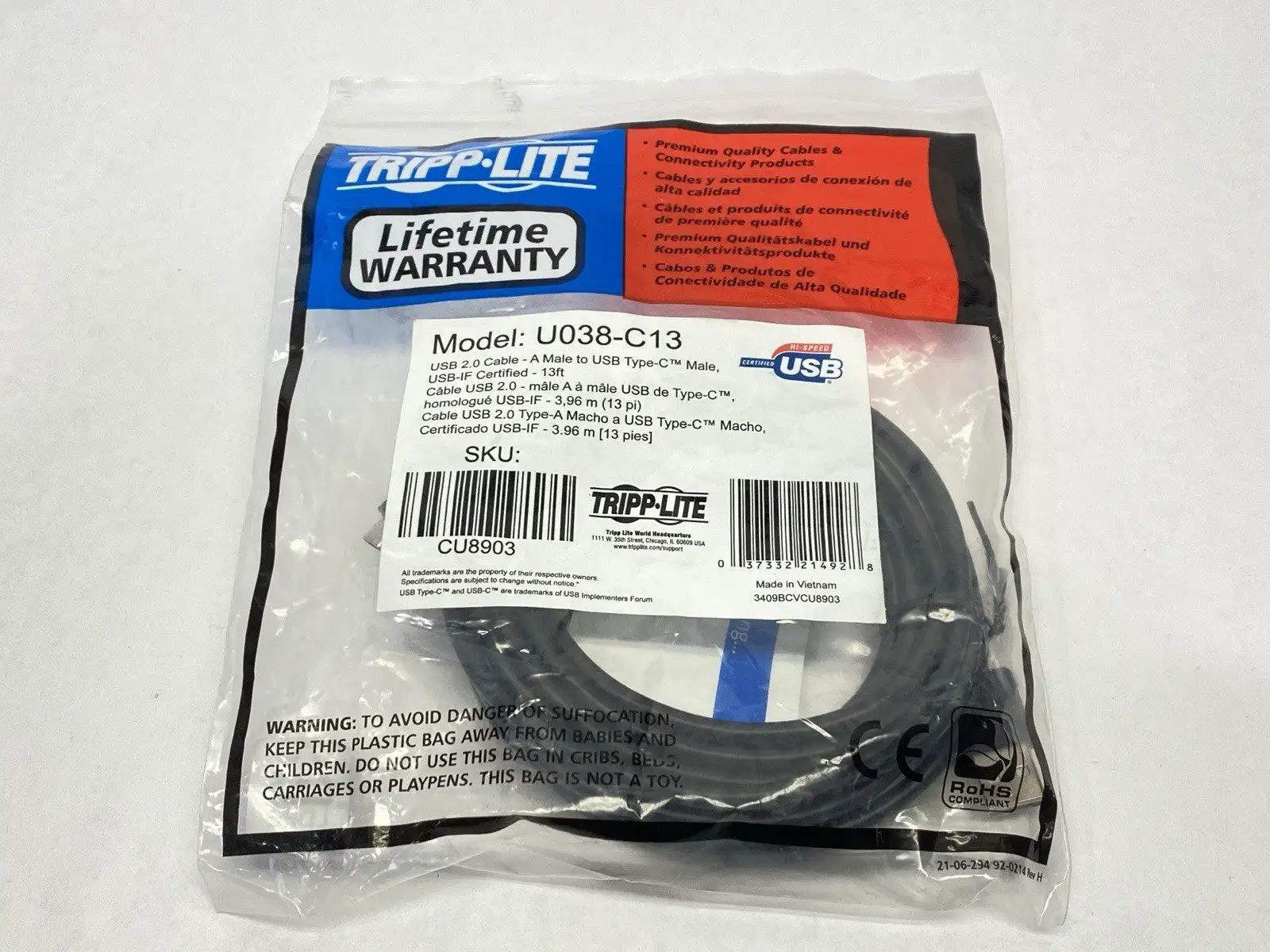 U038-C13 | Tripp Lite  USB Type A Male to USB Type C Male 13ft USB-IF Certified - New