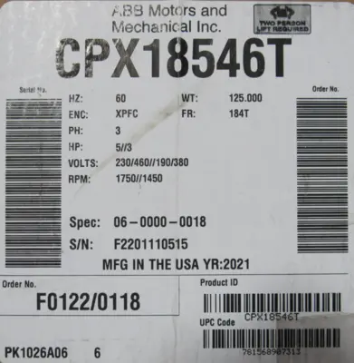 NEW BALDOR CPX18546T MOTOR 5HP 184T 1-1/8" DIA. 230/460V