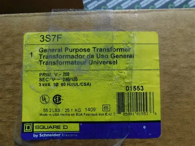 Square D 3S7F Transformer 3kVA Pri 208 Sec 120/240 1 Ph 60 Hz New
