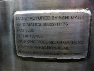 Sani-Matic 60 Gallons Vessel, material 316ss