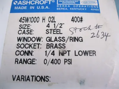 Lot (2) NEW Ashcroft 1/4" NPT Industrial Gauge 400 PSI 4-1/2" Face w Brass G9