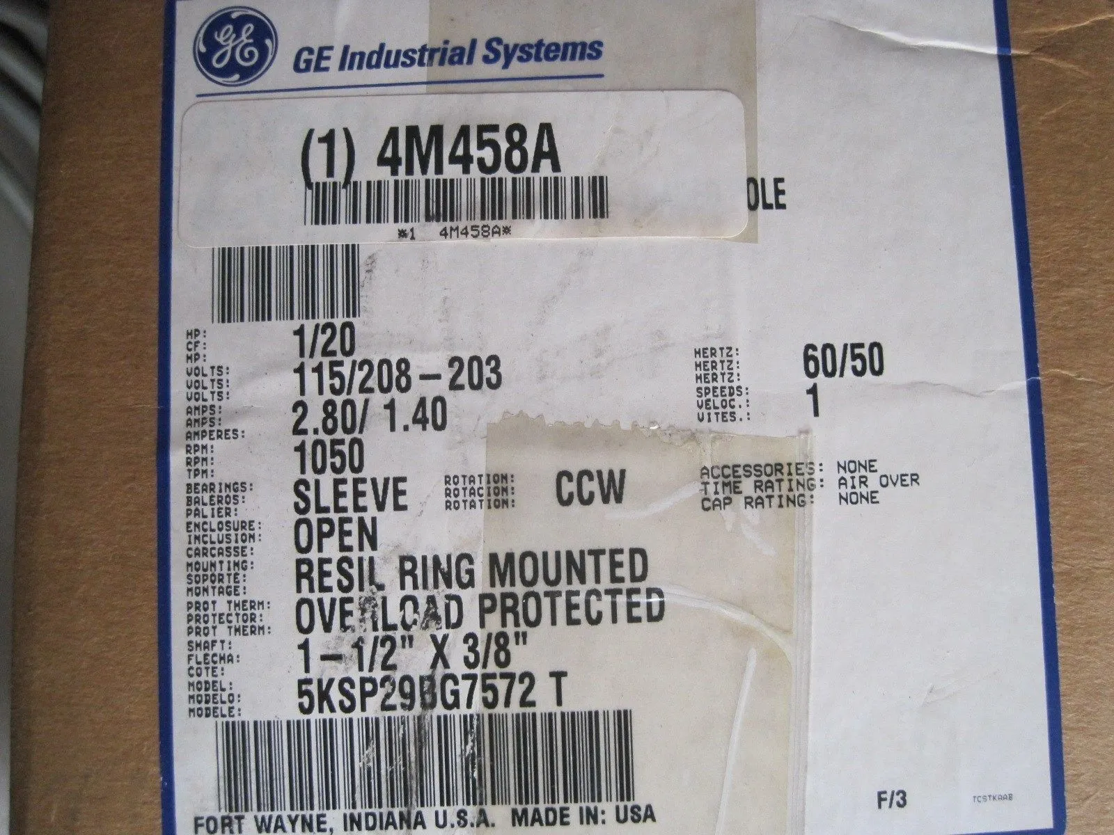 NEW GENERAL ELECTRIC 5KSP29BG7572 MOTOR 5KSP29BG75 4M458A