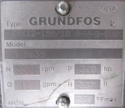 USED GRUNDFOS CRKI2-150/10A-W-G-BUBV CIRCULATOR PUMP CRKI215010AWGBUBV