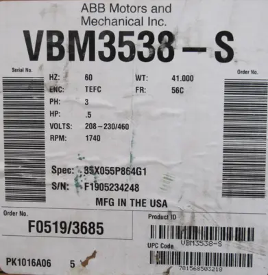 NEW BALDOR VBM3538-S MOTOR .5HP 208-230/460V 56C 1740RPM