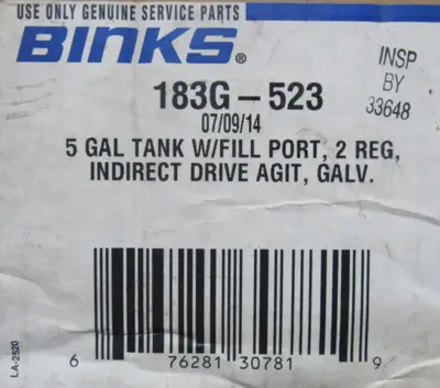 NEW BINKS 183G-523 SPRAYER PRESSURE TANK 5 GAL 183G523