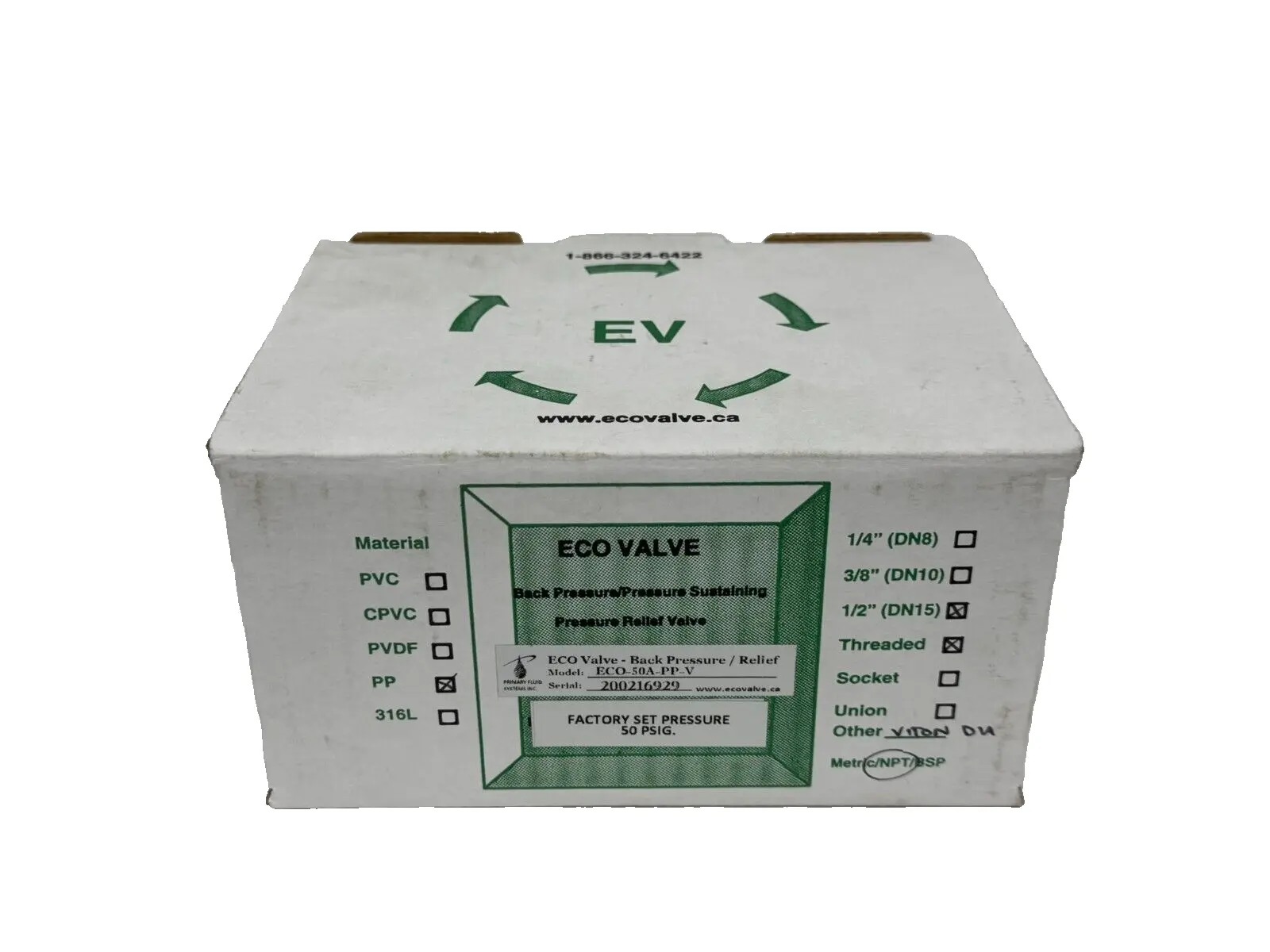 NEW ECO VALVE ECO-50A-PP-V PRESSURE RELIEF VALVE 1/4" DN15 THREADED