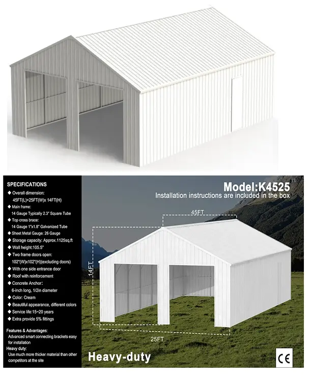 K4525 Unused 45FTx25FT  Double Garage  Steel Barn Shed