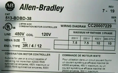 NEW ALLEN BRADLEY 513-BDBD-38 COMBINATION STARTER SIZE 1 SER.1 513BDBD38