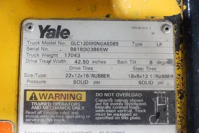 USED YALE GLC120MGNGAE085RATED FOR 11,000 LBS AT 24" LOAD CENTERMAX LIFTING HEIGHT 170"