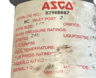 NEW ASCO 8290B002 PISTON VALVE 1/2"