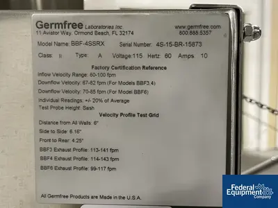 USED Germfree 49" Germfree Hood, Model BBF 4SSRX