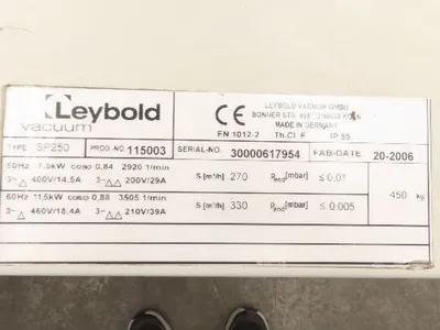 Leybold SP250 ScrewLine Dry Vacuum Pump 330m3/h 11.5kw 210/460V 3Ph Screw Type