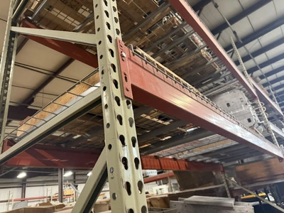 (2) sections of Teardrop style pallet racking, includes (3) 42" deep x 16' tall uprights, (14) 12' c...