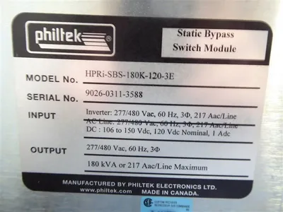 Philtek HPRi-SBS-180K-120-3E Static Bypass Switch Module 180kVA Used