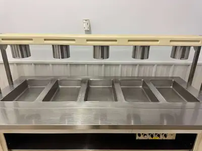 Used Galley Used 83.5" Galley Open 5 Well Steam Table with Fold Down Shelves - 120V 3250W Steam Tables (Food) Illinois US | Falcon Restaurant Supply #1375024