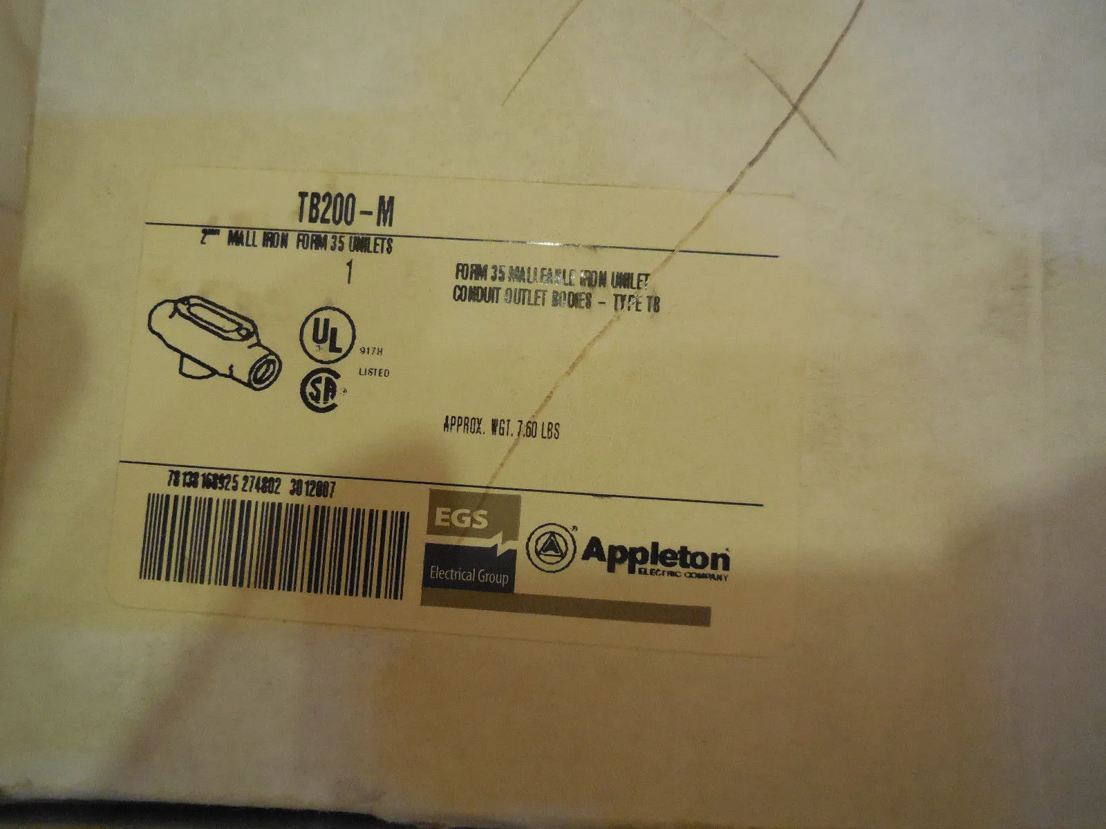 NEW APPLETON TB200-M CONDUIT BODY TB200M