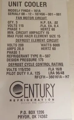 USED CENTURY REFRIGERATION FH634-161A