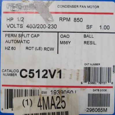 NEW AO SMITH C512V1 CONDENSER MOTOR 460V/200-230 4MA25 850RPM 1/2HP