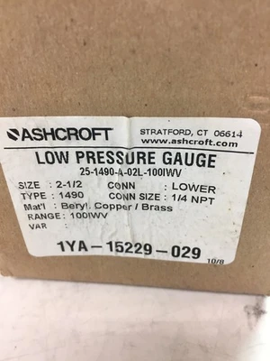 Ashcroft Low Pressure Gauge 1YA-15229-029 Range:100IWV New in Box