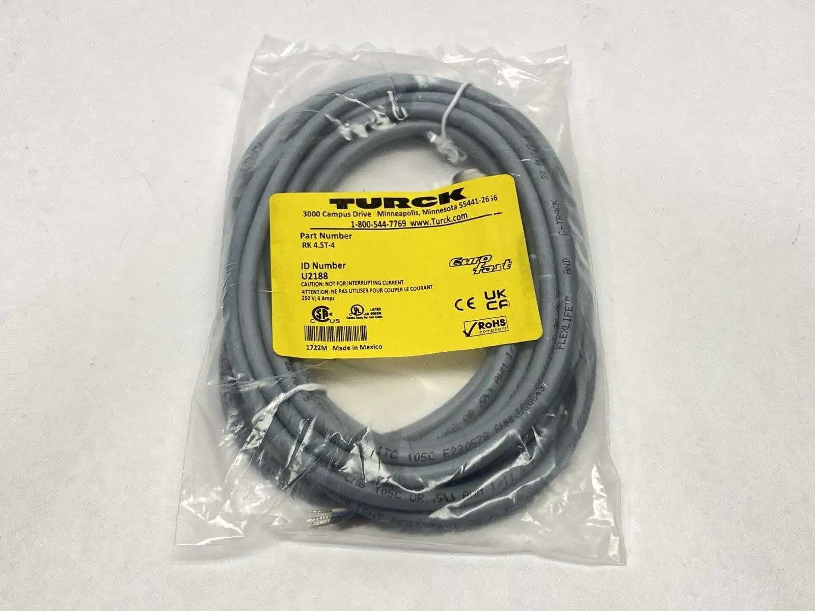 NEW TURCK EUROFAST CORDSET FEMALE M12 5 PIN CONNECTOR U2188