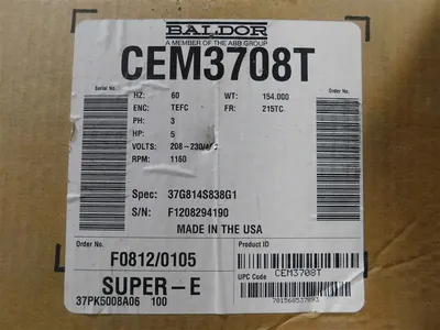 5 HP Baldor Reliance CEM3708T Super-E Motor 208-230/460 1160 RPM 1.15 SF New