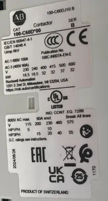 ALLEN BRADLEY 100-C60DJ10 CONTACTOR 100C60DJ10 SER. B NEW, SURPLUS