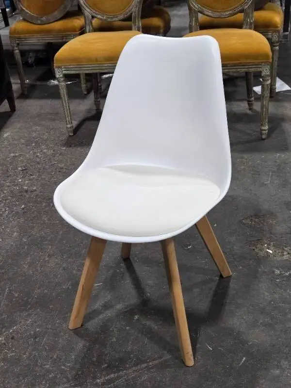 Mid-Century Modern Dining Chair with White Plastic Shell Seat , White Faux Leather Cushion and Beech Wood Legs