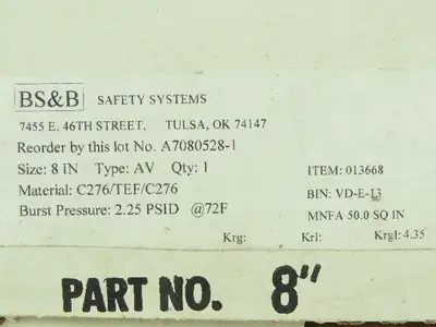 BS&B Safety Systems 013668 BIN:VD-E-13 Rupture Disk 8" Type AV 2.25 PSID @ 72°F