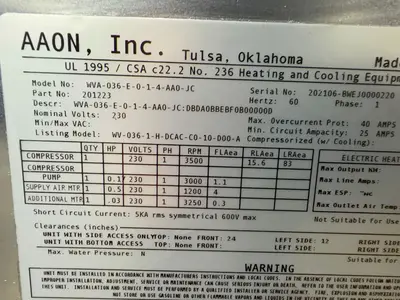 USED AAON DANDELION WVA036E014AA0JC