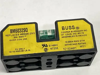 USED BUSSMANN 2-POLE MIDGET FUSE BLOCK 30A 600V W/ TRON FNQ-3 FUSES