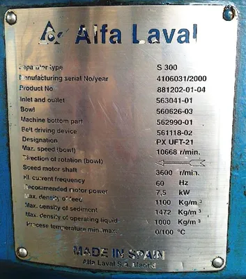 Alfa-Laval S-300 fuel/lube oil purifier, 316SS.