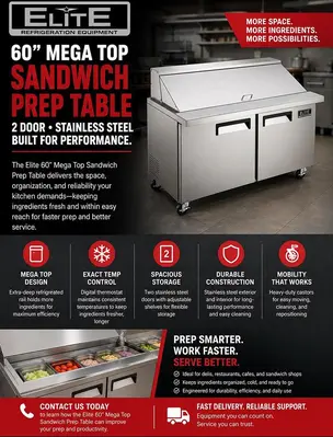Elite Stainless Steel 2 Door 60" Mega Top Sandwich Prep Table on Castors