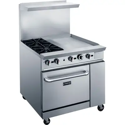 New | in-Stock Dukers New Dukers DCR36-2B24GM 36" Gas Range with Two (2) Open Burners & 24" Flat Top Griddle Commercial Ranges Illinois US | Falcon Restaurant Supply #1376281