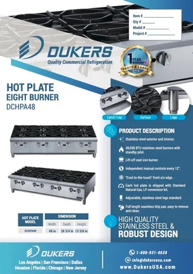 New | in-Stock Dukers New Dukers DCHPA48 Hot Plate with 8 Burners Hot Plates Illinois US | Falcon Restaurant Supply #1376273