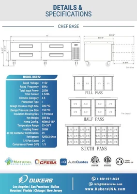 New | in-Stock Dukers New Dukers DCB72-D4 Chef Base Refrigerator with 4 Drawers Chef Bases Illinois US | Falcon Restaurant Supply #1376286