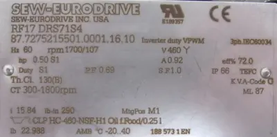 NEW SEW EURODRIVE RF17 DRS71S4 GEARMOTOR 460V RF17DRS71S4 15.84:1