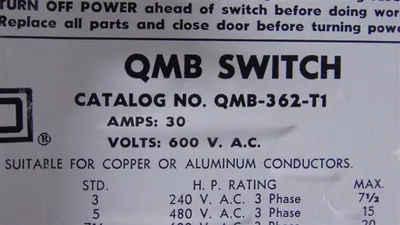 Square D QMB-362-T1 Panelboard Branch Switch 30 Amps 600VAC Series D2 Used