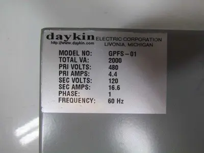 Daykin GPFS-01 Enclosed Transformer Disconnect 2000VA 480V Pri 120V Sec 1PH