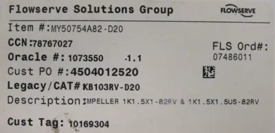 NEW FLOWSERVE MY50754A82-D20 IMPELLER KB103RV-D20