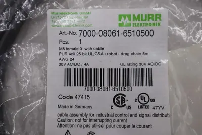 NEW MURR 7000-08061-6510500 M8 FEMALE 0° WITH CABLE STOCK K-3959