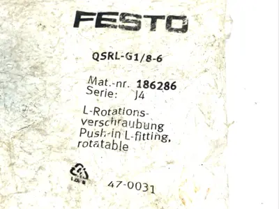 QSRL-G1/8-6 | Festo  Push-In L-Fitting, Rotatable G1/8" Male Thread 6mm Tube 186286 - New