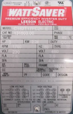NEW LEESON 131503.00 MOTOR 3HP 1760RPM 1-1/8" DIA. 230/460V